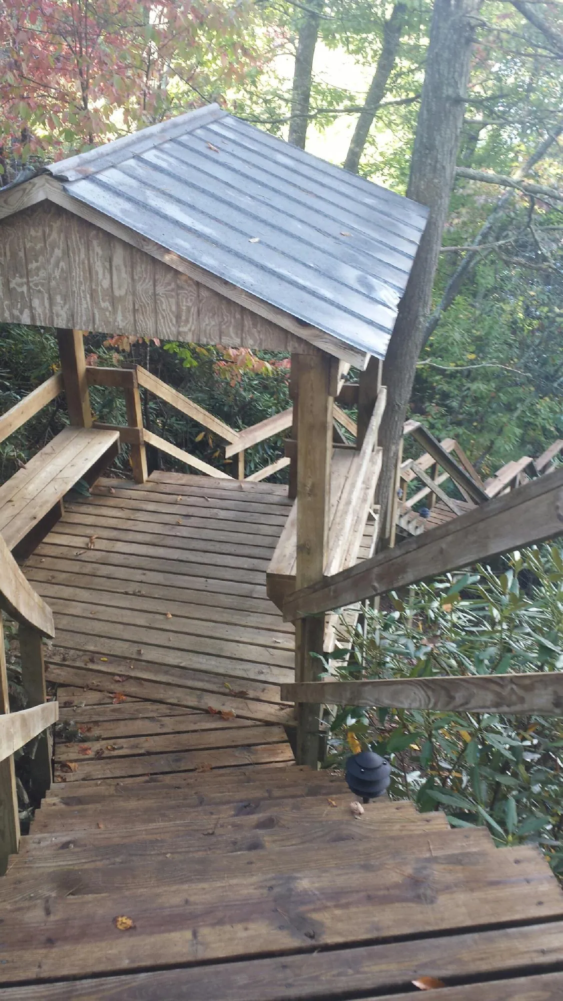Metal roofed shelter over wooden steps on a wooded walkway — Skylight Repair & Installation work by our crew in Scipio